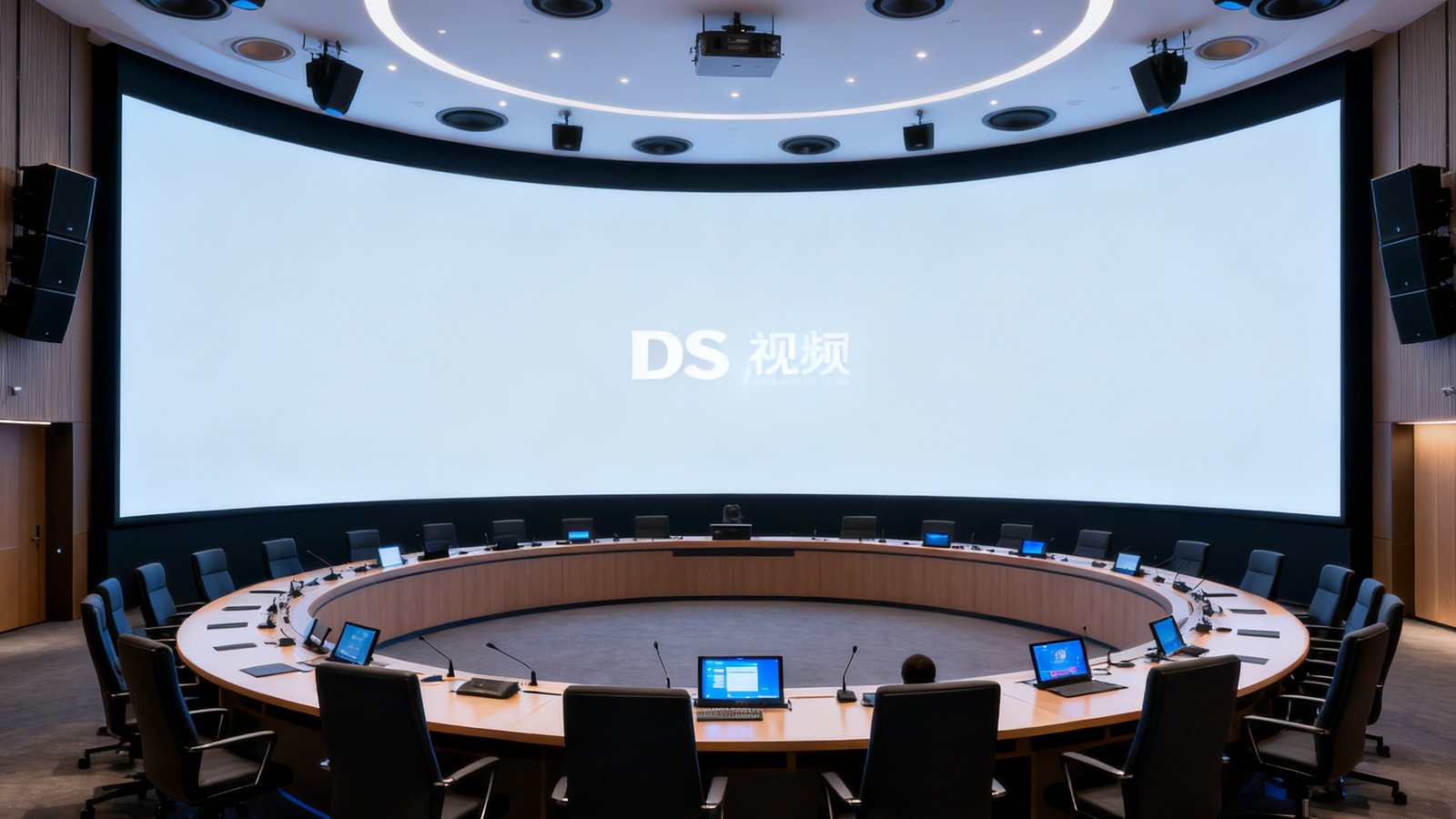 DS视讯厅沉浸式视讯空间内部实景，弧形巨幕与环绕音响系统构建出高度沉浸的虚拟会议环境，适合高端跨国董事会与远程医疗会诊